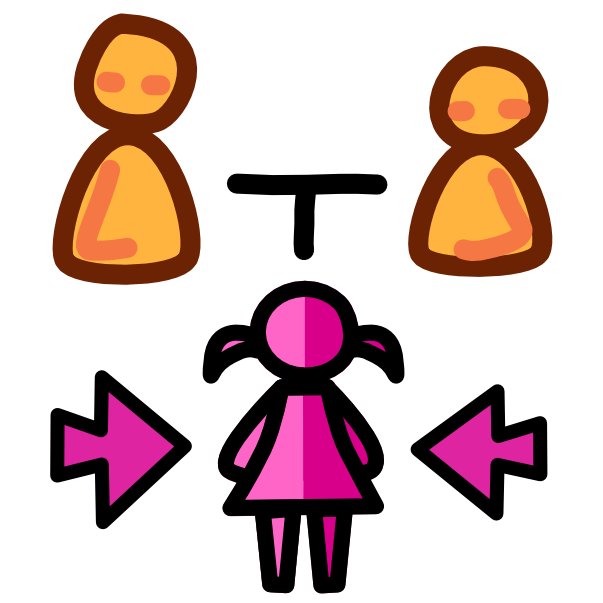 2 simple yellow figures have a horizontal line between them. Attached in the center to the line is a vertical line pointing down at a pink figure with a triangle shaped dress and pigtails. Half of the figure is a lighter pink than the other half. Two pink arrows point at the figure from either side. The image has dark line art.